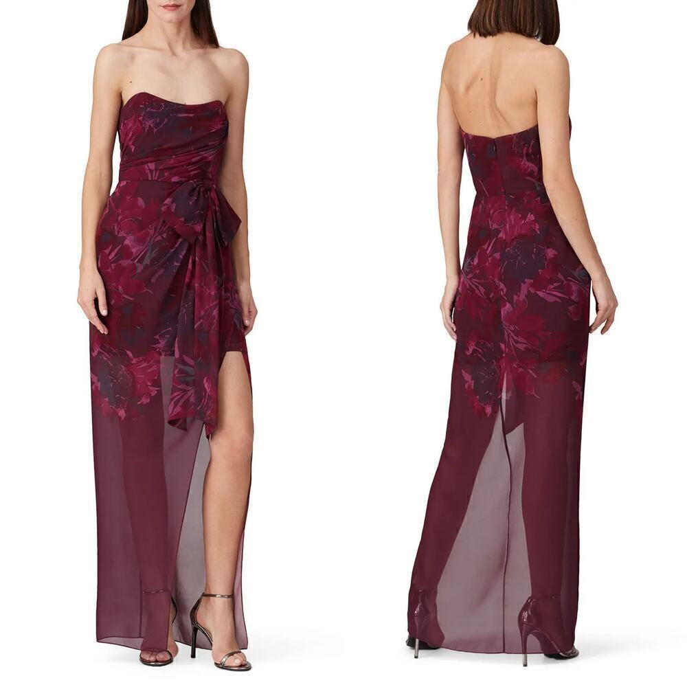 Badgley Mischka Strapless Dress Floral Print Bow Sweetheart Neck Maxi Gown Red 8
